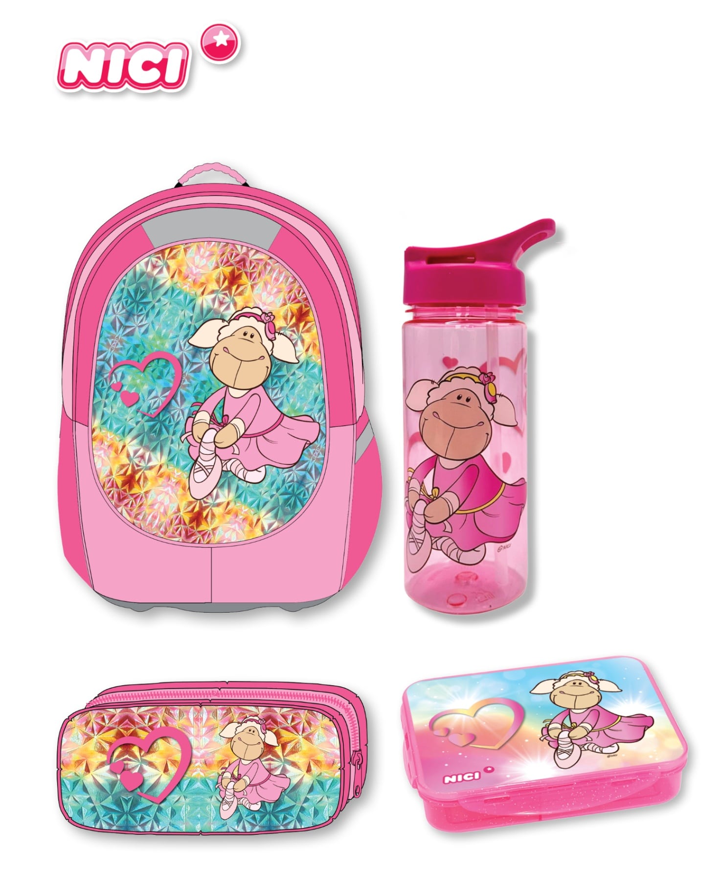 תיק NICI מארז דגם -לב צבעוני תיק+קלמר+קופסא+בקבוק 2024