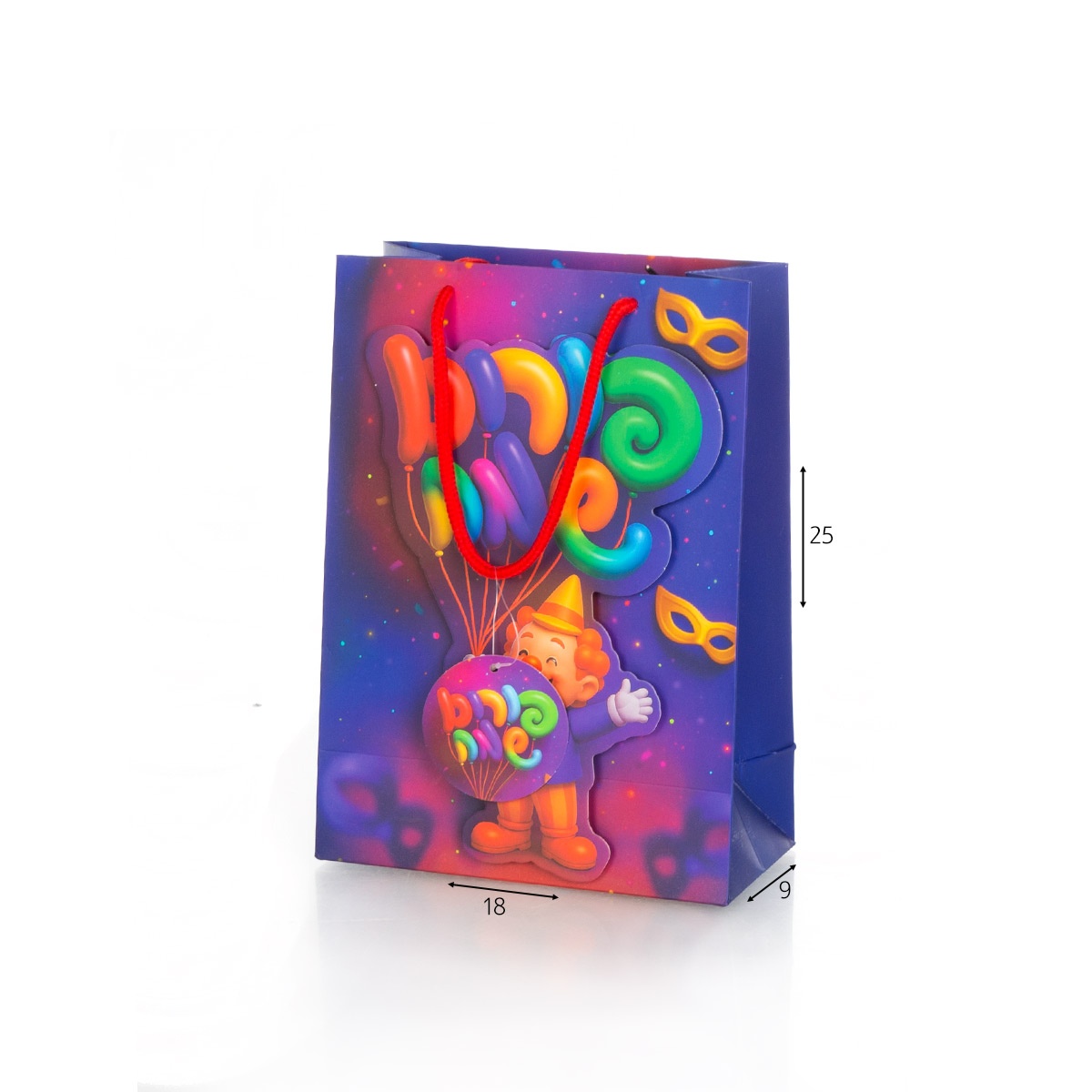 שקית קרטון בלונים פורים שמח 25*9*18 ס"מ